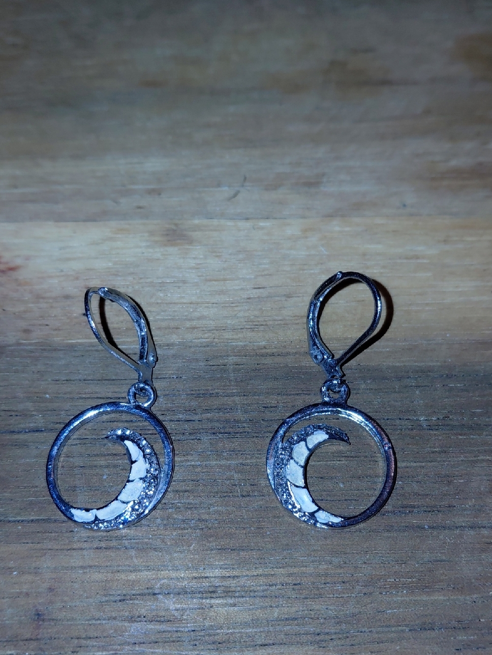 Silver Crescent Moon Hoop Dangle Earrings - White Inlay